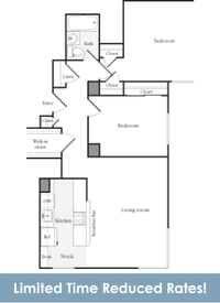 Floor plan for 2 beds, 1 bath, 858 sqft